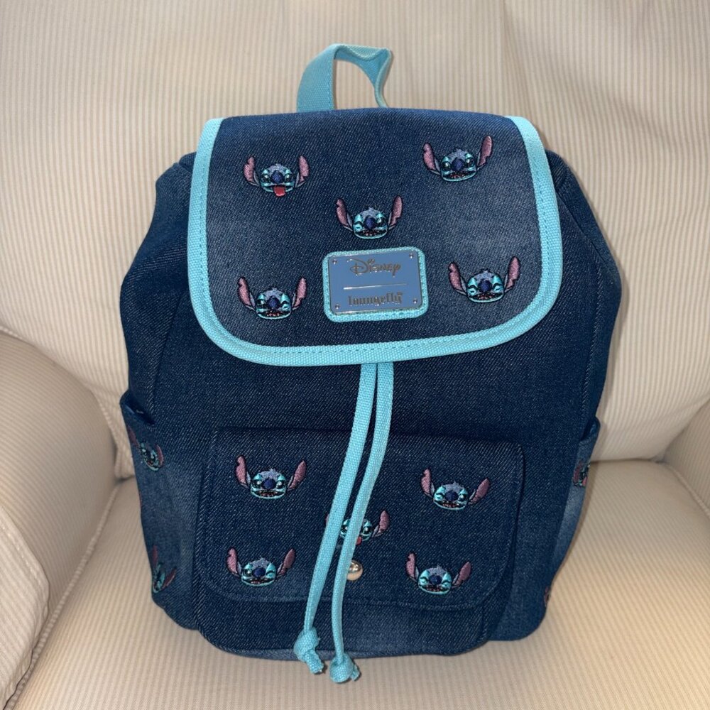 Loungefly Disney Lilo & Stitch Embroidered Denim Mini Drawstring Backpack New